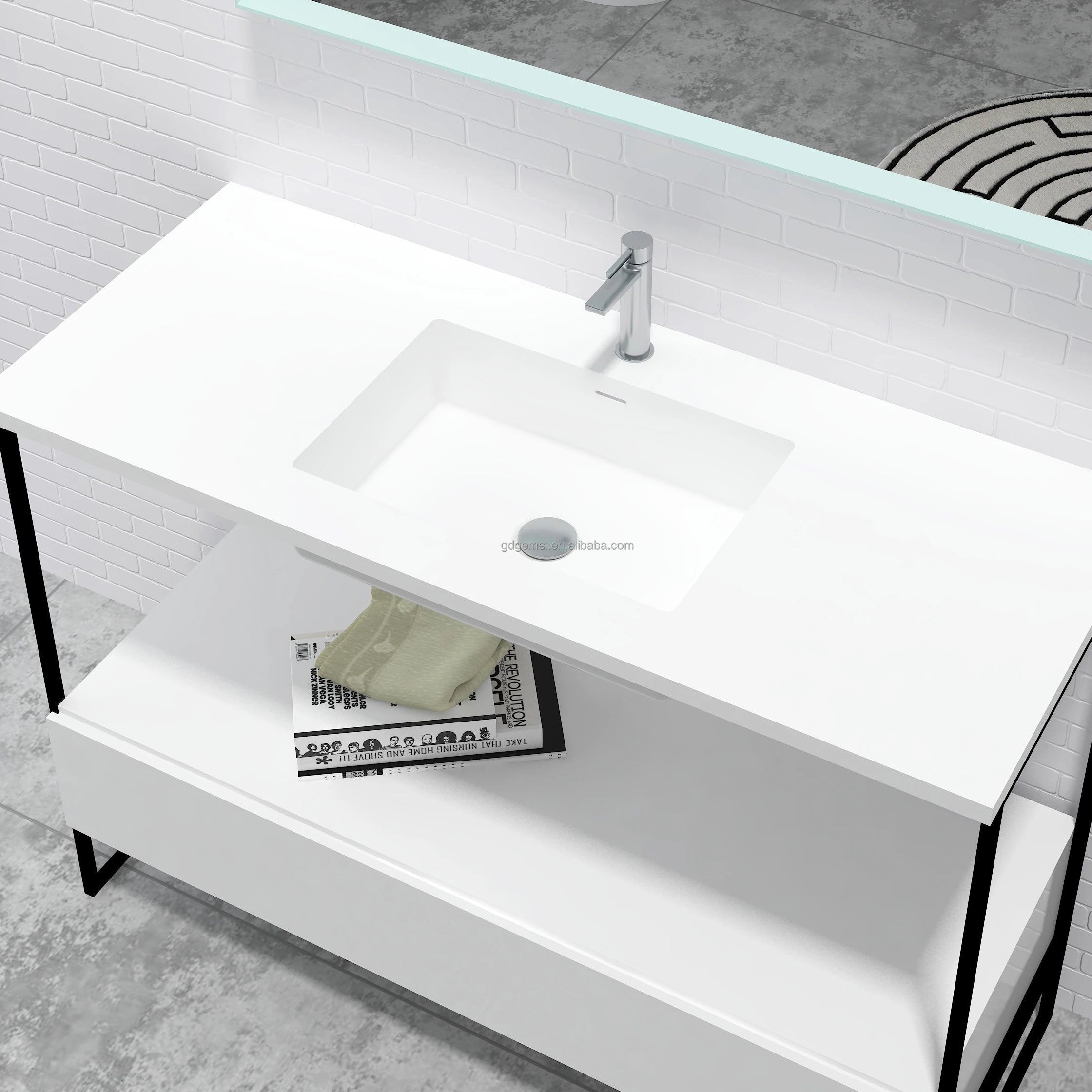Modern Design Double Wash Basin Sink Cabinet with Rectangular Basin and Drainer Customizable Bathroom Accessory