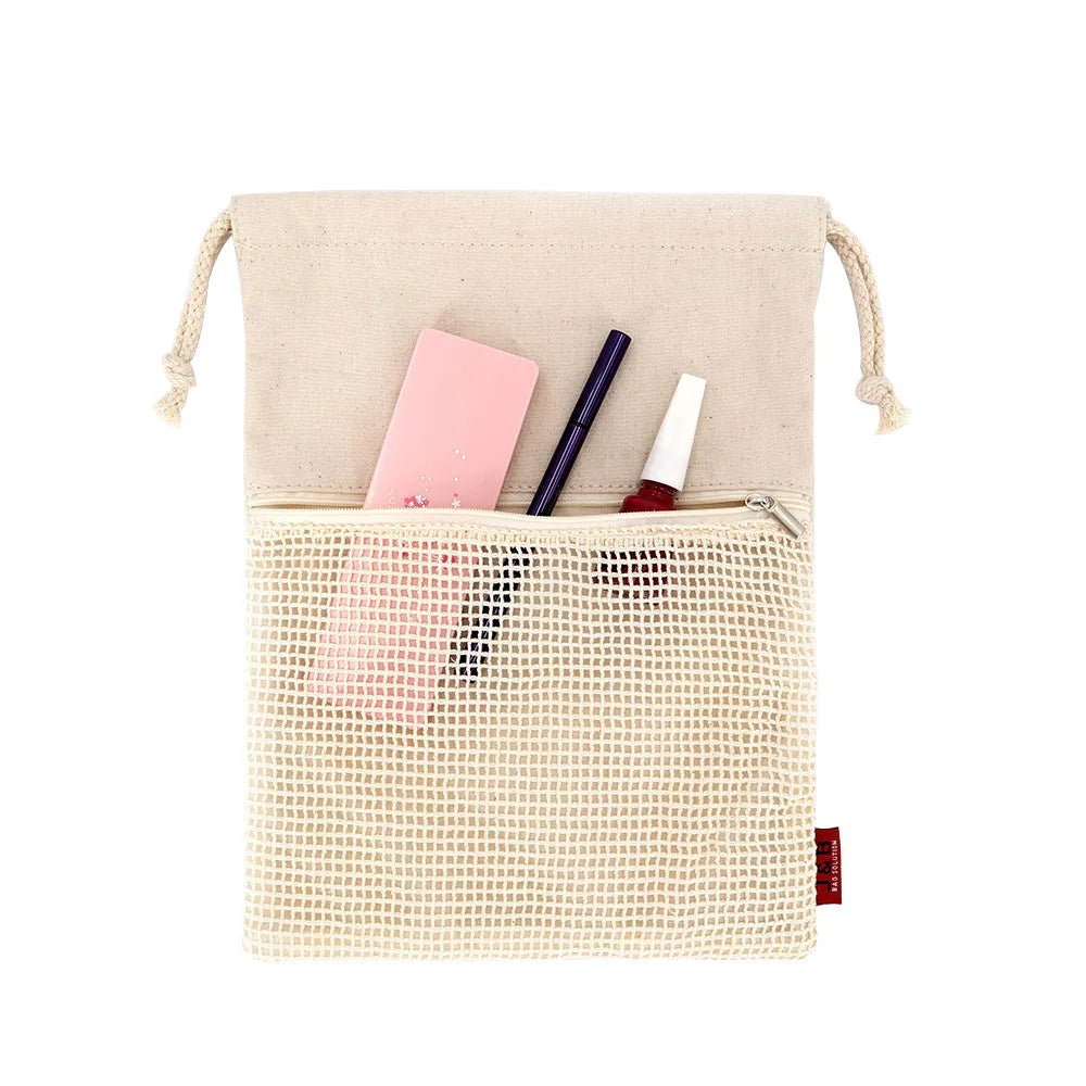 Travel Organizer Makeup Drawstring Bag Calico Cotton Mesh Pouch with Private Label Natural Canvas Eco-friendly Cosmetic Pouch