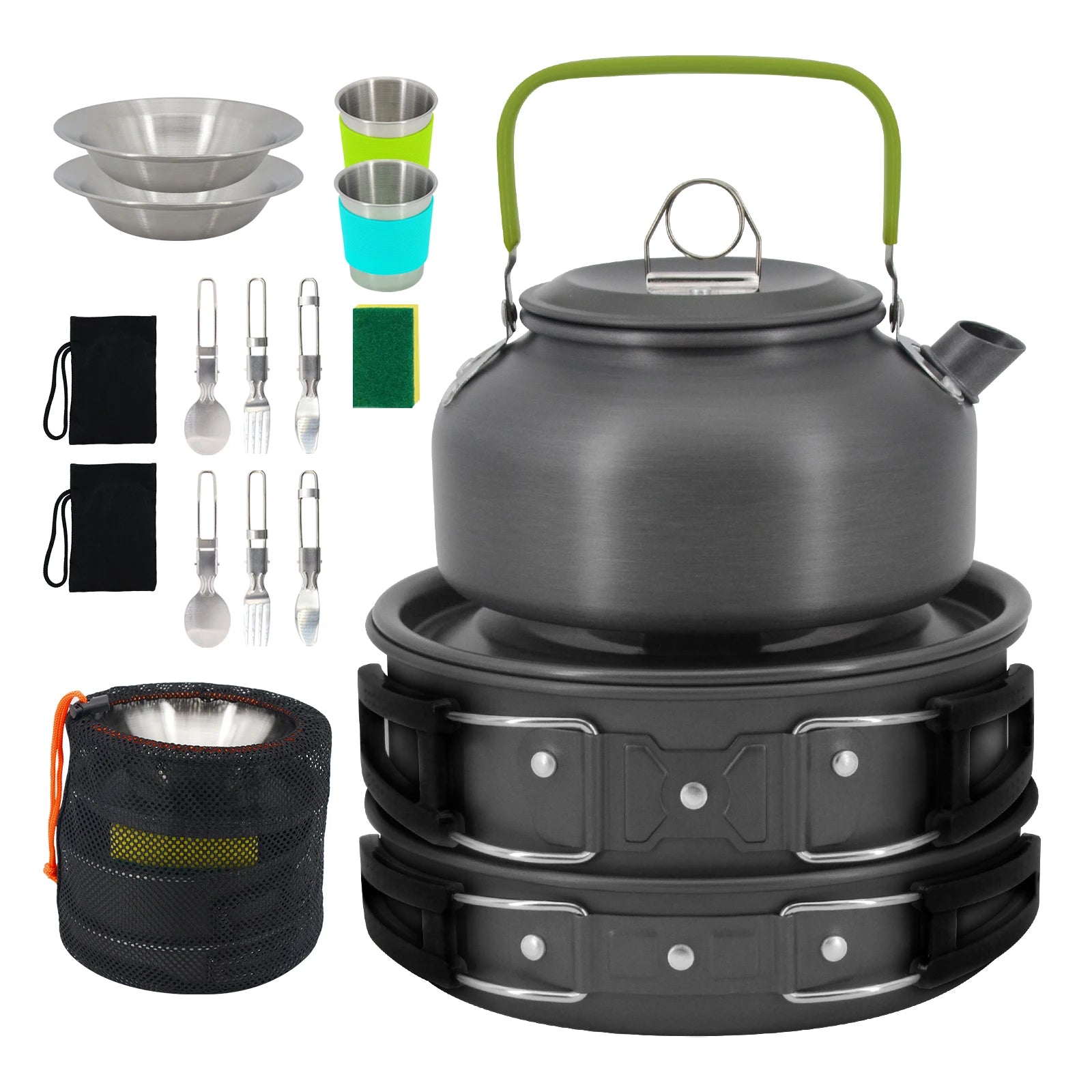 16-Piece Outdoor Compact Cookware Set for Camping Hiking Backpacking Featuring Portable Induction Stove Frying Pans for Travel