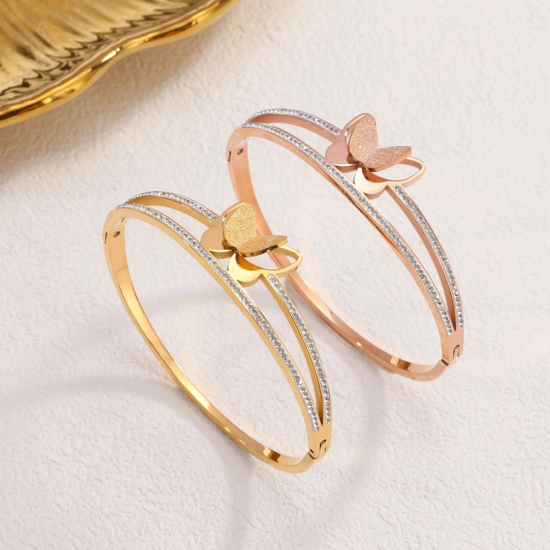 Wholesale Luxury Tarnish Free Zirconia Stainless Steel Frosted Double Layers Butterfly Charm Bracelets & Bangles for Women Girls