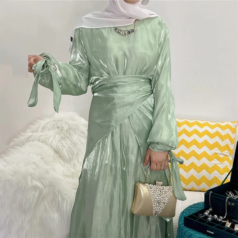 2 Piece Under Abaya Dress Ethnic Clothing Tie Sleeve Glitter Smooth Silk Satin Abaya Muslim Slip Inner Dress