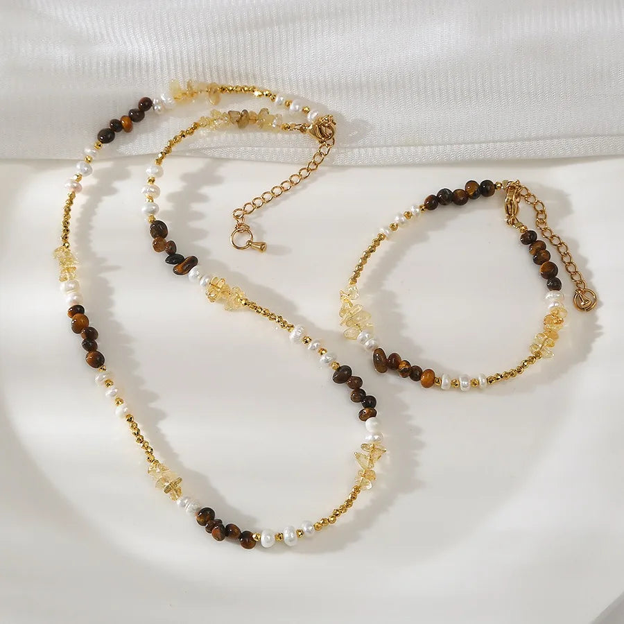 New Arrival Citrine Stone Necklace Trendy Natural Tiger Eye Beaded Necklace Baroque Pearl Chain Jewelry Set for Women Men Gift