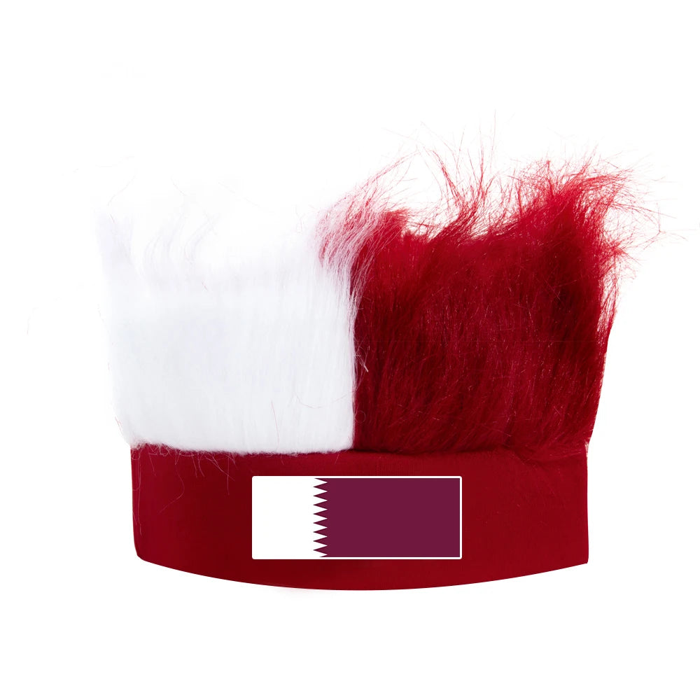 Newest Sports Decoration Top 32 Countries Qatar France Football Fans Hats with Wig Headband Denmark Crazy Fans Wig Caps