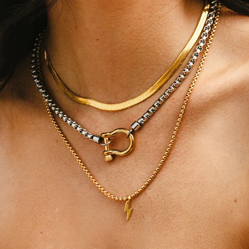 New Chunky 18K Gold Plated Stainless Steel Box Chain Necklace Choker Hypoallergenic Chunky Horseshoe Necklace Jewelry Women MegaBDM