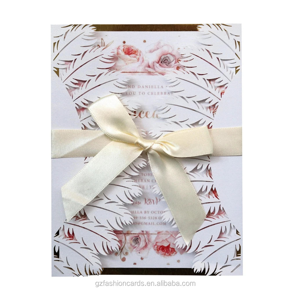White Wedding Invitation Card Feather Pattern Laser-hollowed Design and Customized Laser Birthday Invitation Card Greeting Cards