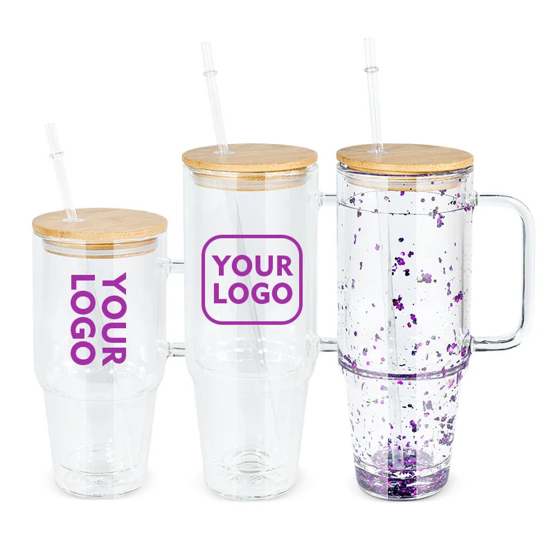 30oz 40oz Double Wall Sublimation Glass Tumbler with Handle Shape Bottle with Wooden Lid and Straw Summer Drinkware Mason Jar