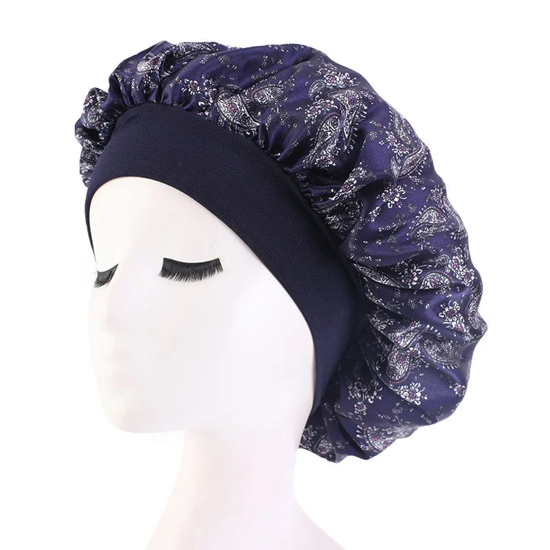 Wholesale Hair Accessories Bonnet Flowers Print Colorful Sleep Caps Bonnets Elastic Wide Band Satin Hair Bonnet