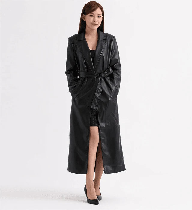 Advanced High-quality Spot Black Long Coat Leather Trench Coat  Leather Coat Women