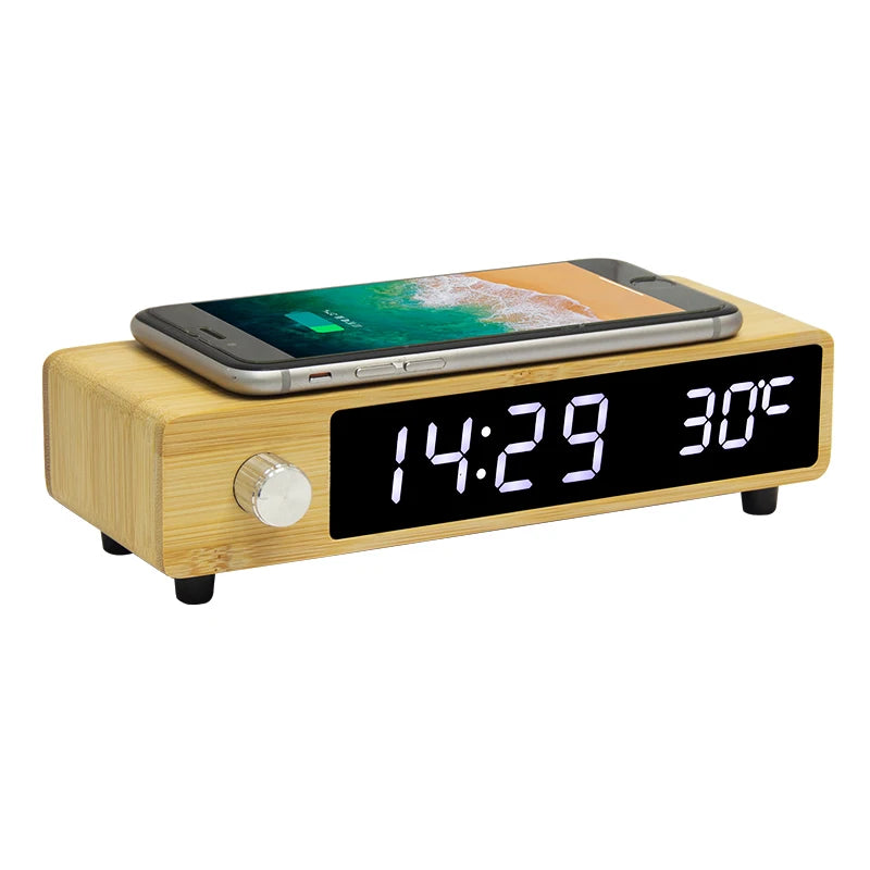 EMAF Bamboo Retro Knob Temperature Digital Wooden Alarm Electronic Wireless Charger Fast Wireless Charger Desk Table Clock