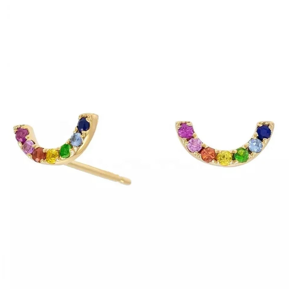 LOZRUNVE 925 Sterling Silver Hawaiian Cute Rainbow Shape Colorful Stone Stud Earring