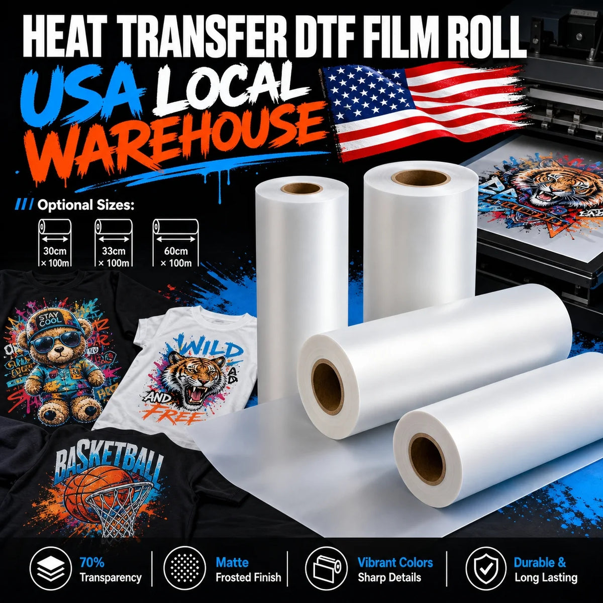 Dtf Transfer Film Paper Roll 13 Inch X 328 FT Double Sided Heat Transfer Paper 33cm*100m Hot Peel Pet Film for Dtf Printers MegaBDM