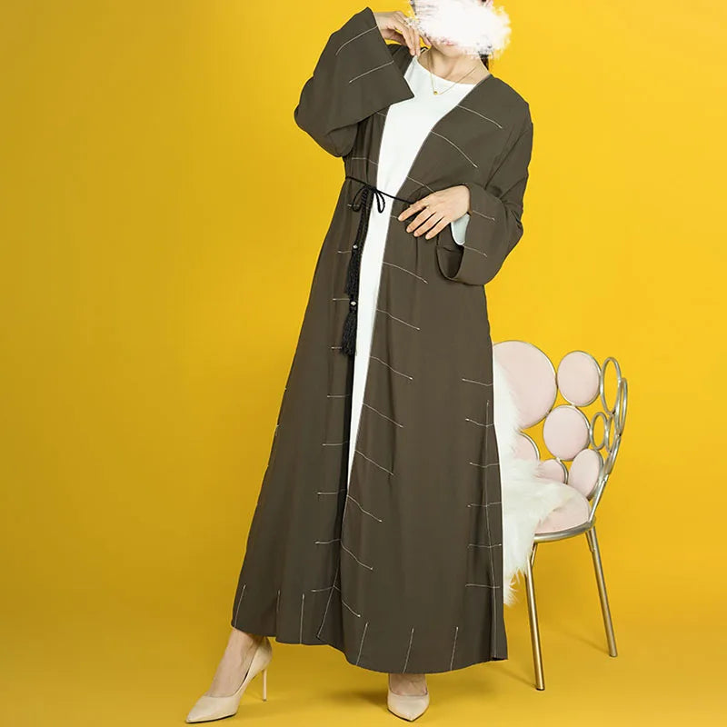 Rhinestone Modest Front Open Kimono Cardigan Dubai Ramadan EID Muslim Islamic Women Clothing Open Abaya