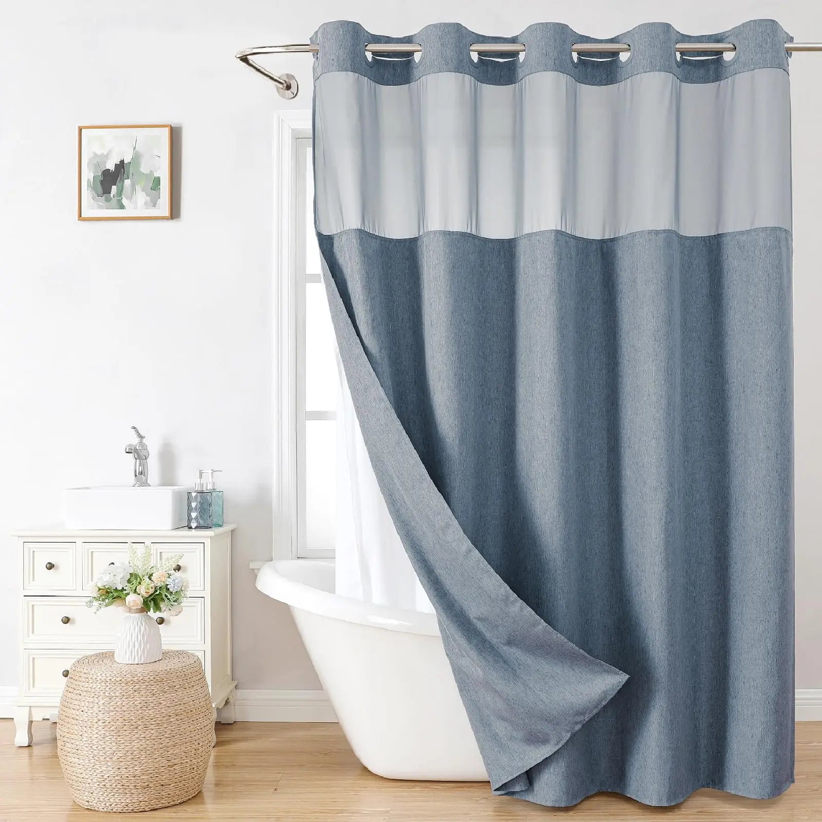Linen Textured Polyester Shower Curtain Set No Hooks Needed Snap-In Fabric Liner