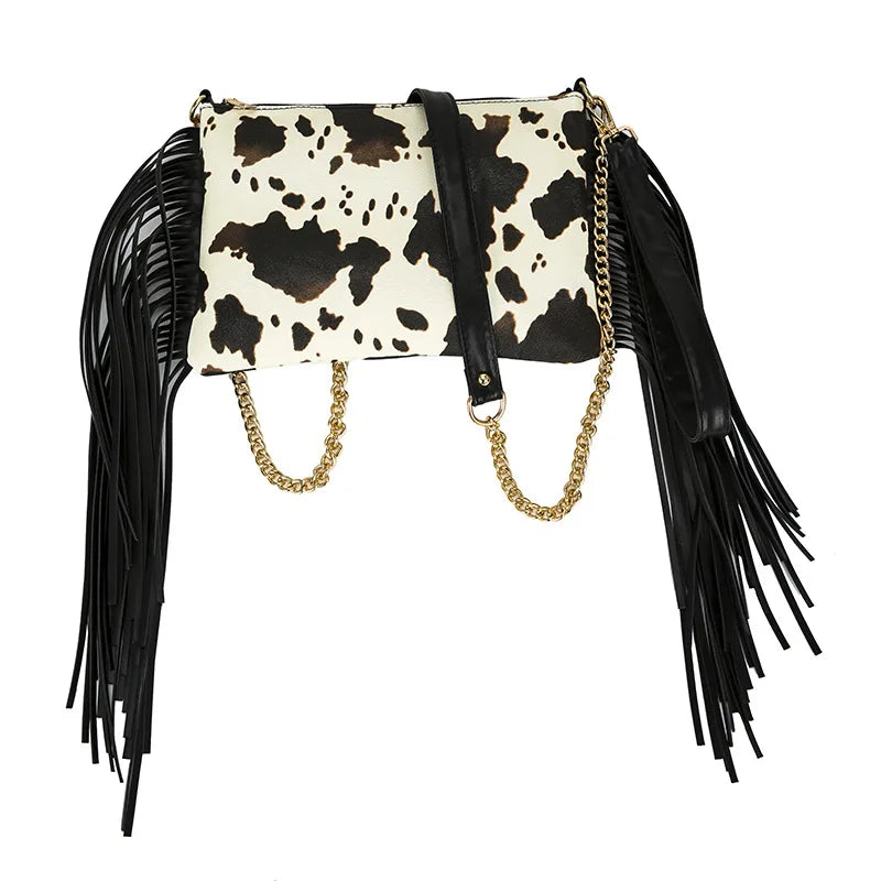 Tassel Handbag Women Cowboy Crossbody Bags Leopard Cow Animal Prints Leather Western Fringe Purse