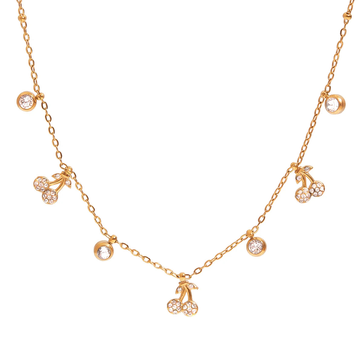 J&D 18K Gold Plated Stainless Steel Jewelry Cute Rhinestone Cherry Round Zircon Chain Necklace