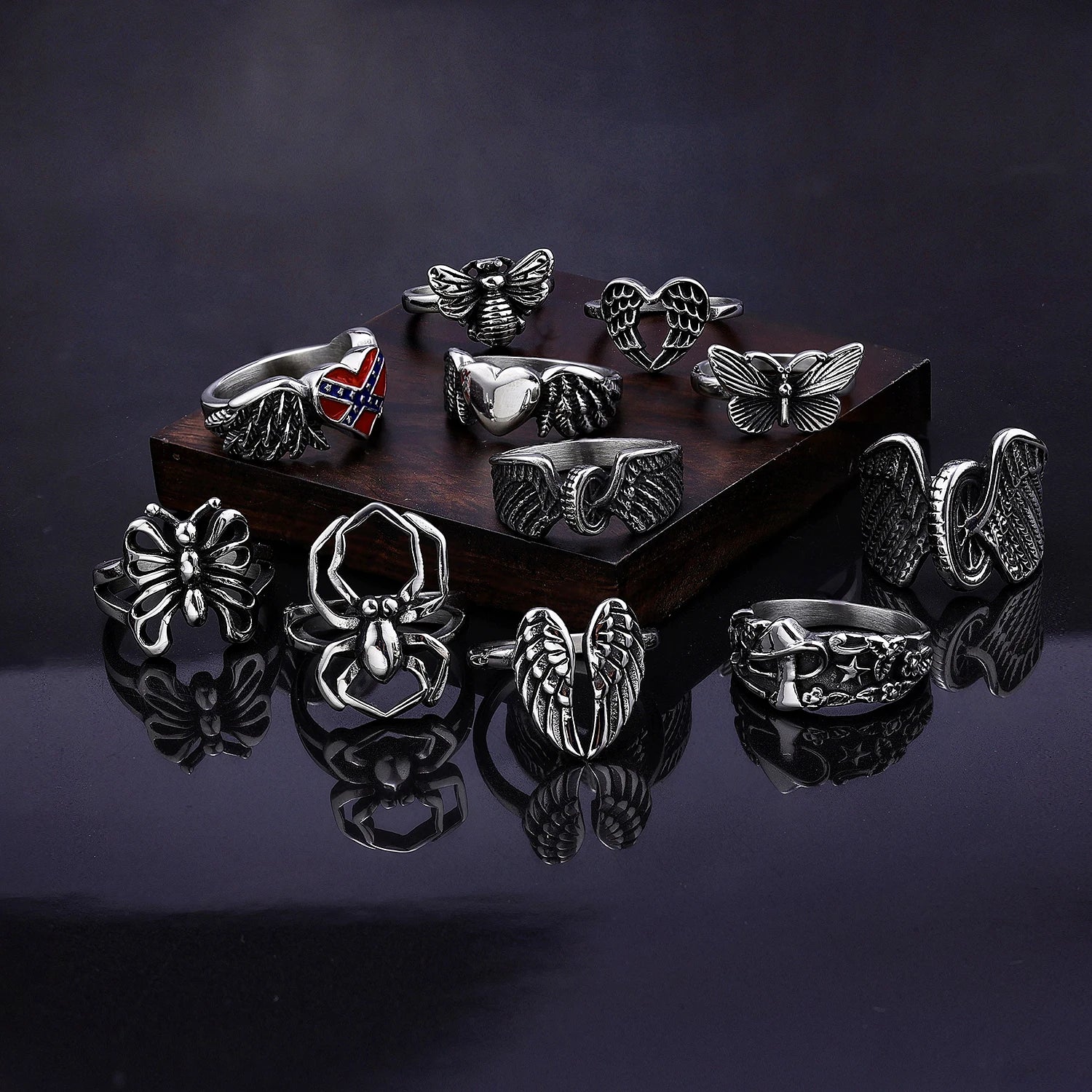 Fashion Stainless Steel Gothic Jewelry Vintage Punk  Butterfly Mushroom Heart Shape  Skull Unique Gothic Ring Women Mix Lot