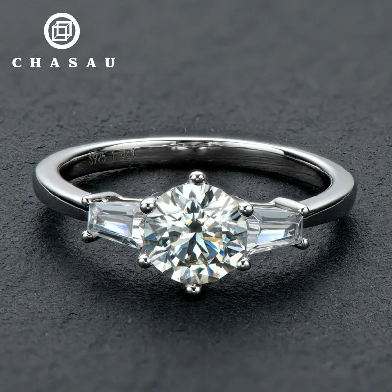 S925 Silver 1Ct Round Moissanite Diamond Wedding Rings Classic Six Claw Three Stone Ring for Women