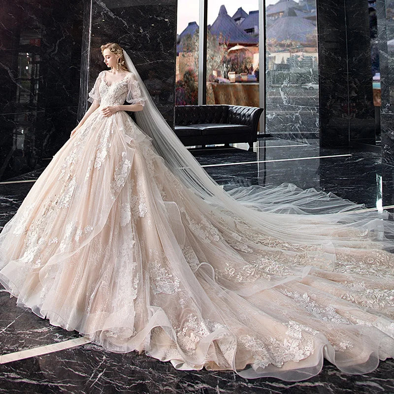 White Half Sleeve V Neck Long Court Train Church Fairy Style Ball Gown Wedding Bride Dresses