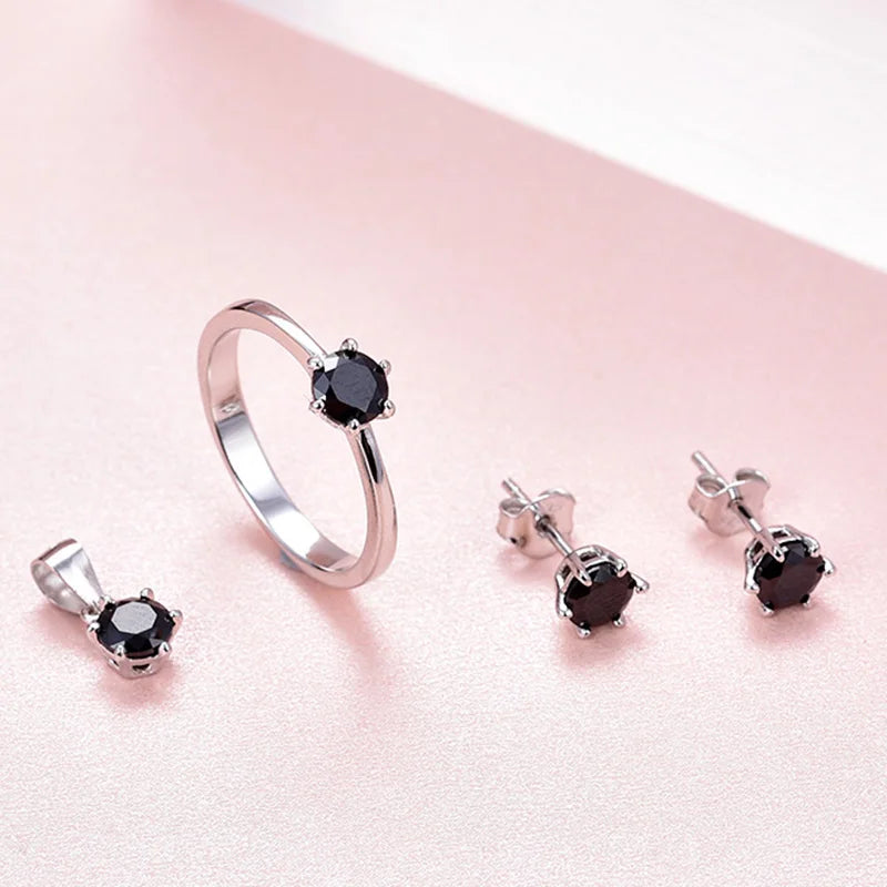 Simple Fashion 925 Sterling Silver Jewelry Sets AAA Cubic Zirconia  Rhodium Plated Black Gemstone Jewelry Set