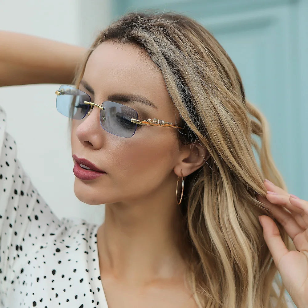 Women's Retro Cheetah Sunflower Decorated Square Steampunk Metal Sunglasses Blue Black Rimless Frame With Leopard Head Ladies