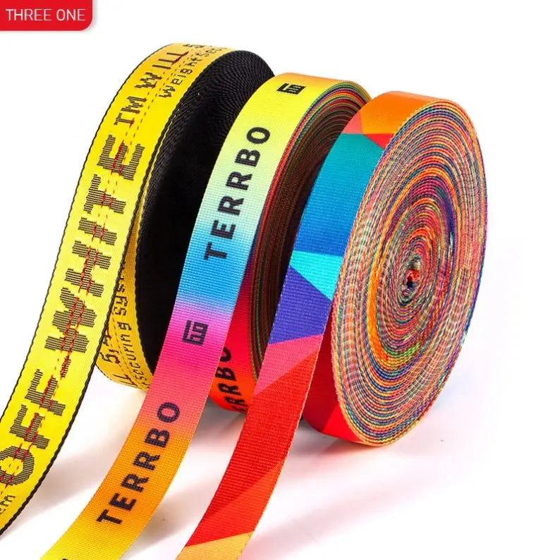 Good Quality logo With Colored Letters  Nylon Webbing 38mm Jacquard  Nylon Tubular Webbing  Bag Belt Trouser Belt Nylon Ribbon