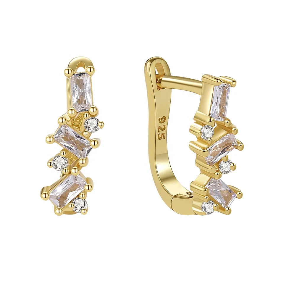 Dainty New 925 Sterling Silver Women 18kt Gold Vermeil Stacked Cubic Zirconia Huggie Hoop Earrings