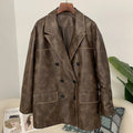 OFTBUY Vintage Ladies Faux Leather Coat Solid Long Sleeve Transition PU Leather Jacket Button for Spring Autumn Motorcycle Use