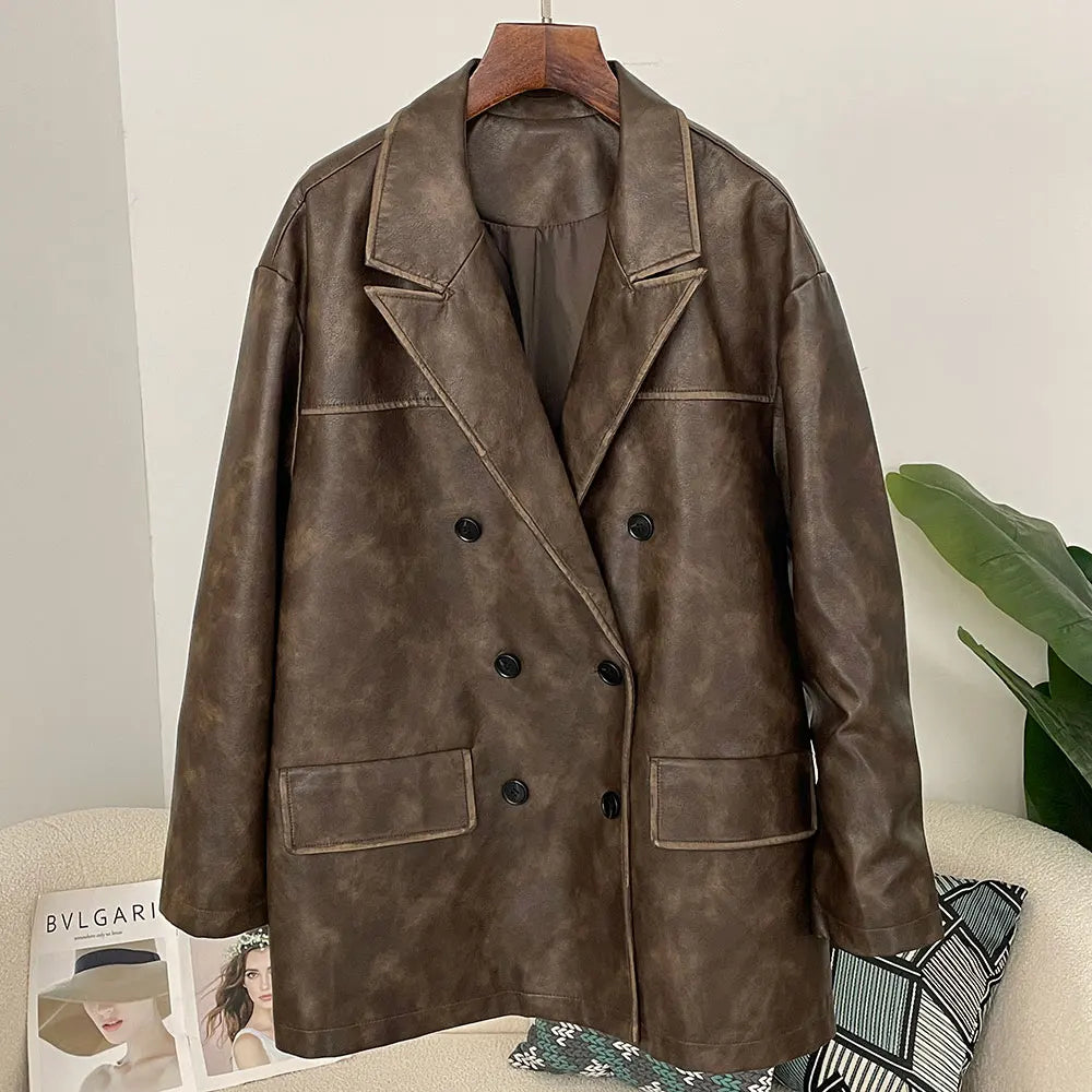 OFTBUY Vintage Ladies Faux Leather Coat Solid Long Sleeve Transition PU Leather Jacket Button for Spring Autumn Motorcycle Use
