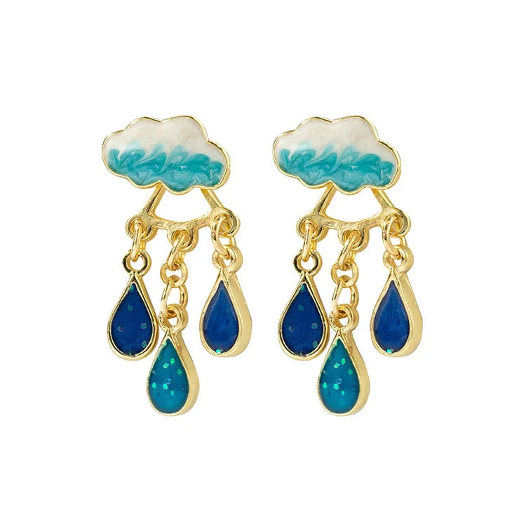 SC New Design Gold Plated Multilayer Earrings Blue Enamel Drop Earrings Cute Clouds Raindrops Earrings for Women