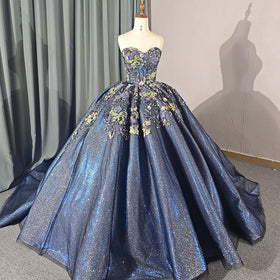 Dark Blue Iridescent Dress Floral Sequins Sparkly Quinceanera Ball Gown 6605