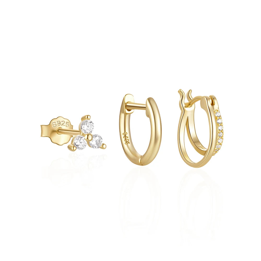 Fashion Earrings Set Jewelry 925 Sterling Silver Flower Clover Diamond Zircon Double Layers Two Lines Gold Plated Hoop Earrings