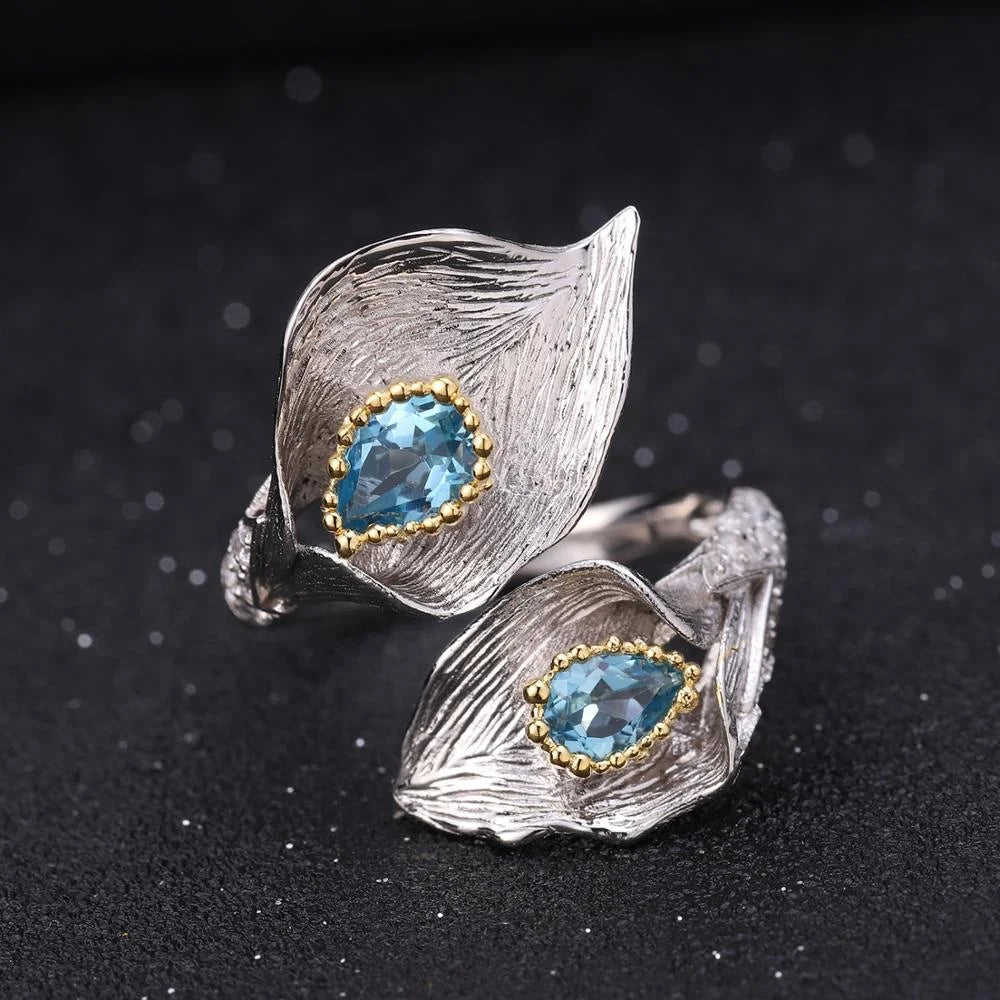 Abiding Drop Shipping Natural Swiss Blue Topaz Adjustable Rings 925 Sterling Silver Flower Jewelry Ring