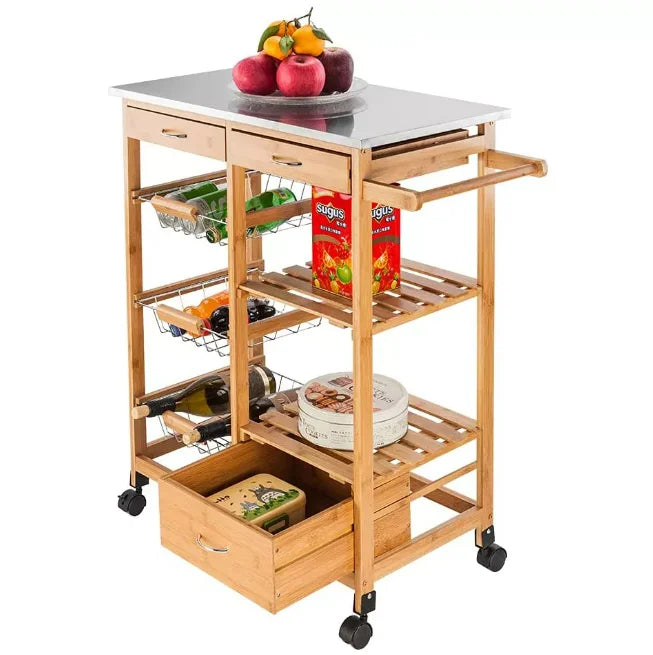 Bamboo Kitchen Trolley Cart with Shelves Drawer Basket