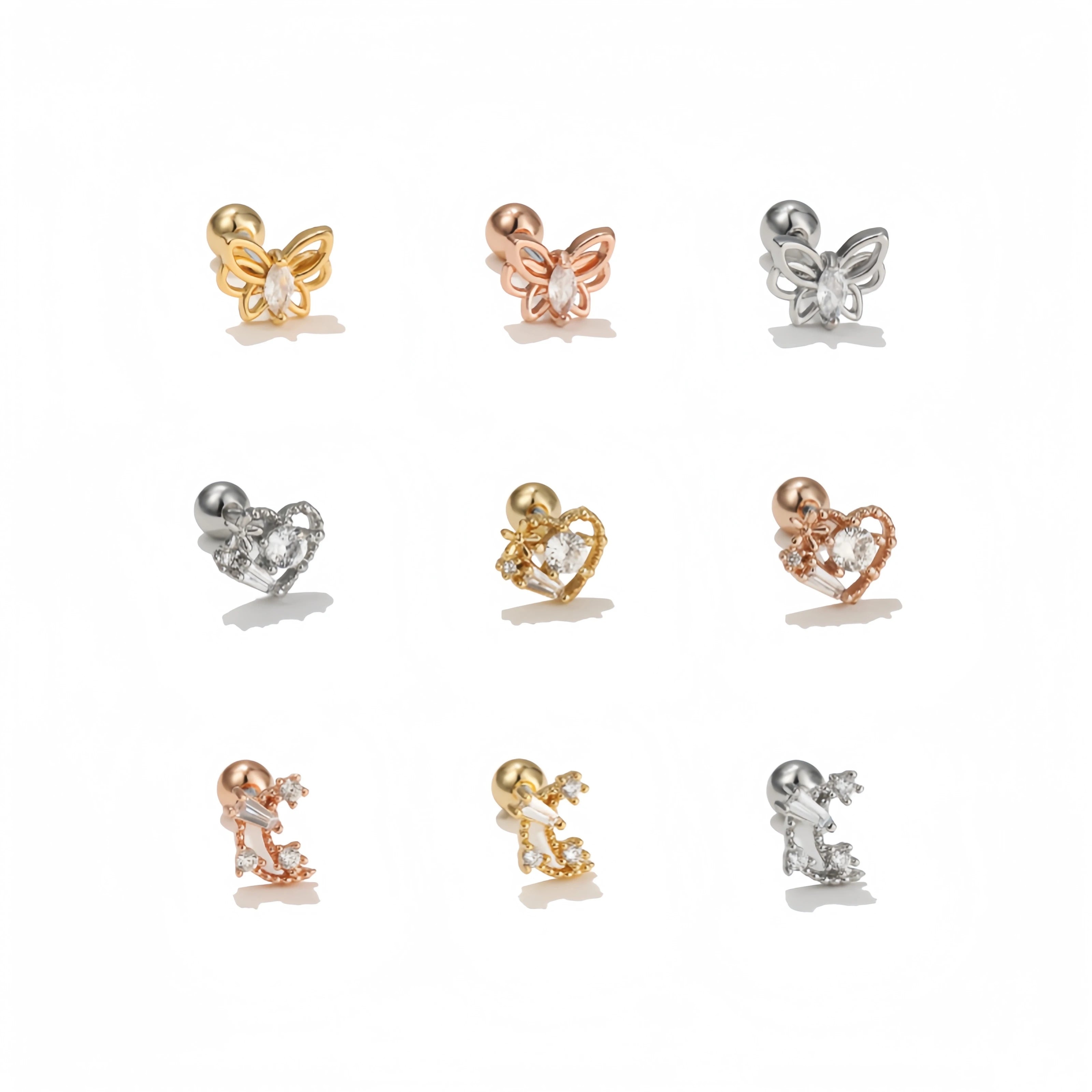 18k Gold Plated Heart Butterfly Moon and Star Ear Bone Stud Creative Jewelry Minimalist Niche 3A Zircon Piercing Jewelry