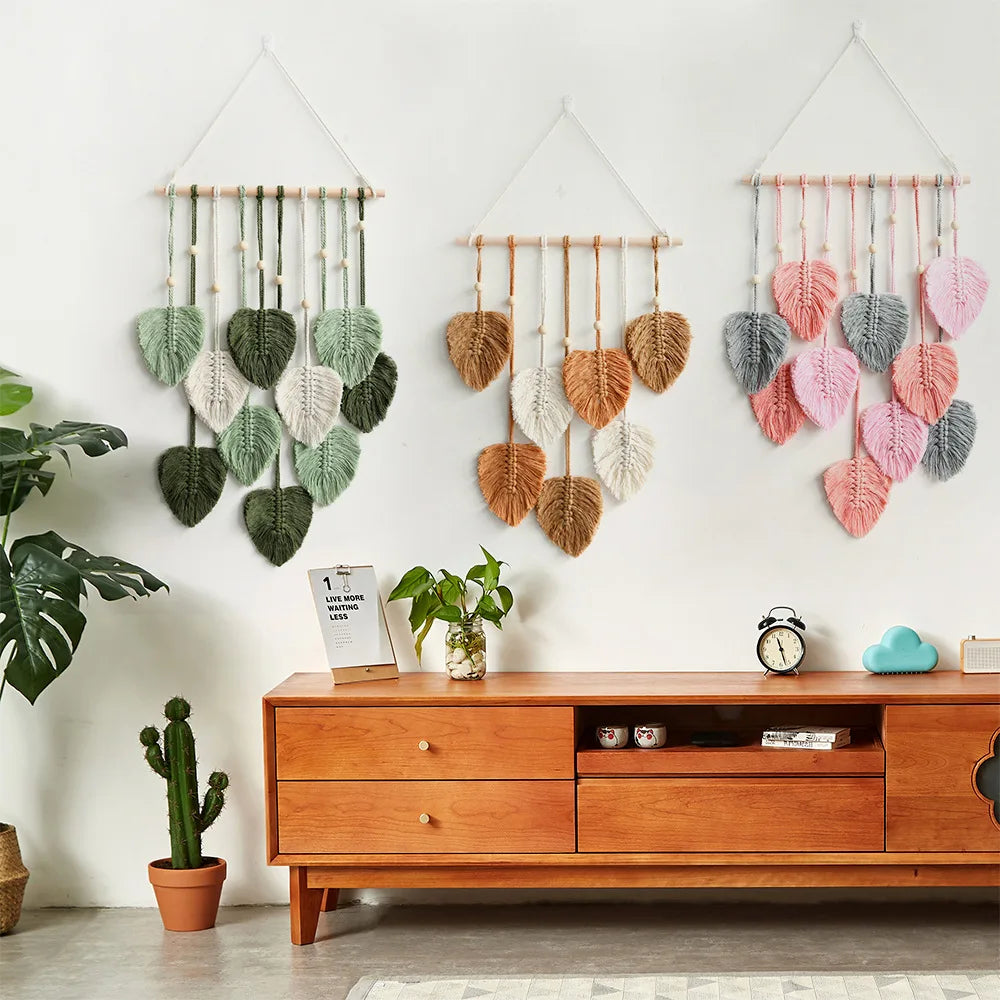 Contemporary Art Wall Hanging Hand-Woven Cotton Leaf Macrame Tapestry Home Decor Eco-Friendly Washable