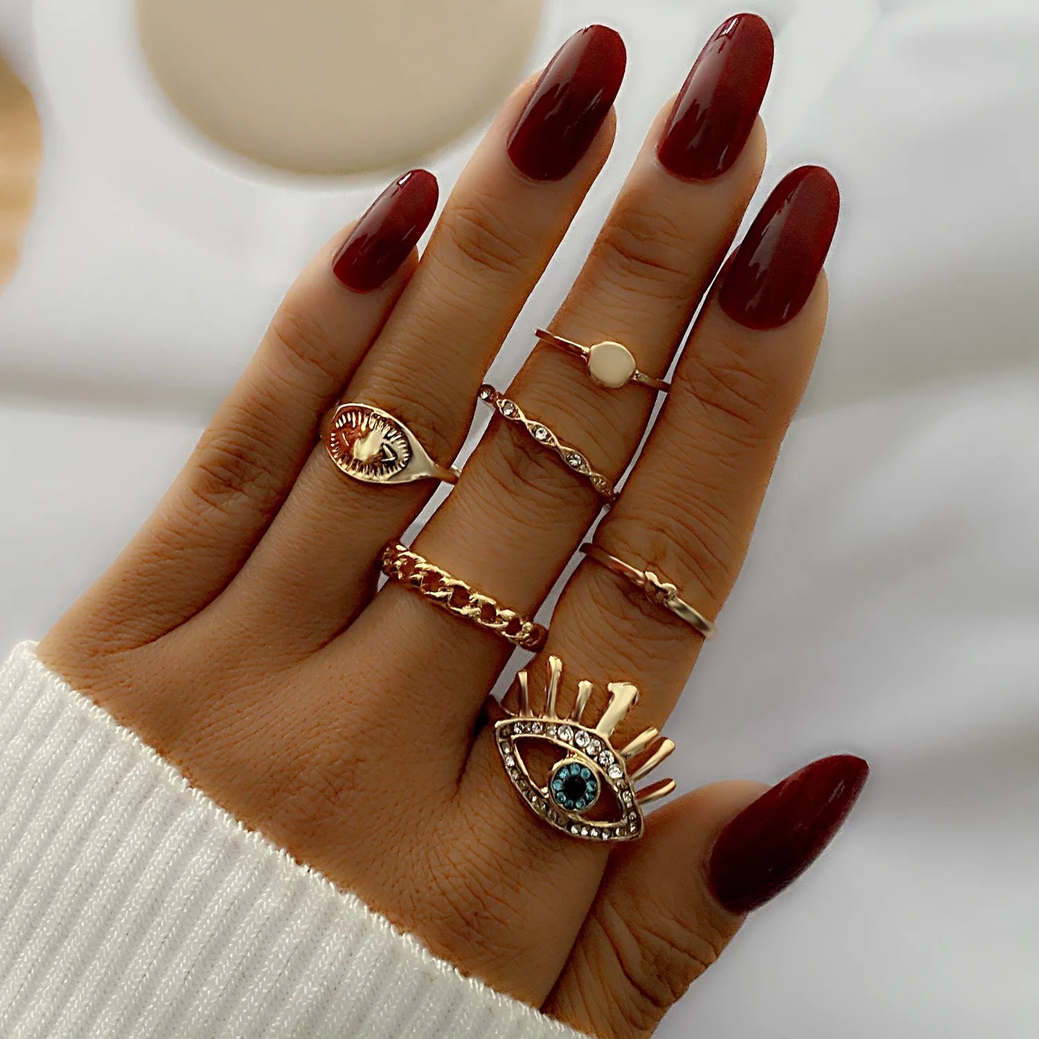 European American Retro New Personality Knuckle Ring Set God's Eye Love Zircon Mid Rings Set for Women