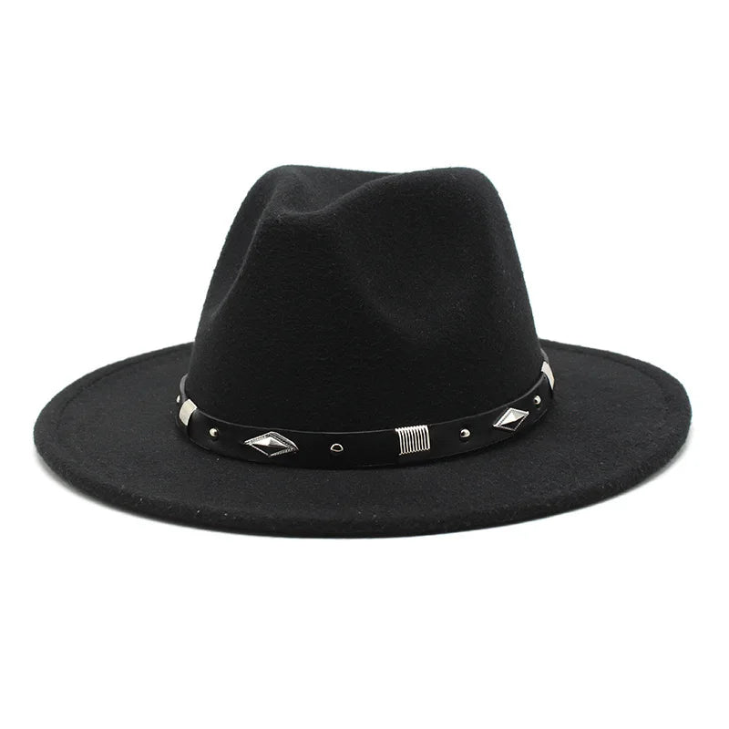 Wholesale Rivets Diamond Silver Metal Pearls Ribbon Western Spiked Straps Design Fashion Women Men Wide Brim Black Fedora Hat