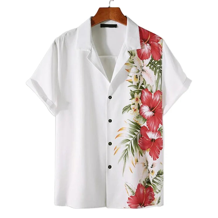 Summer Flower Print Shirt Vintage Men Casual Hawaiian Turn-down Collar Short Sleeve Button Down Shirt for Men