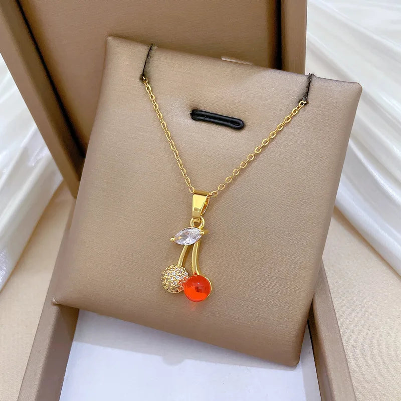 2025 New Fashion Stainless Steel Cubic Zirconia Two Cherry Women Necklace Wholesale