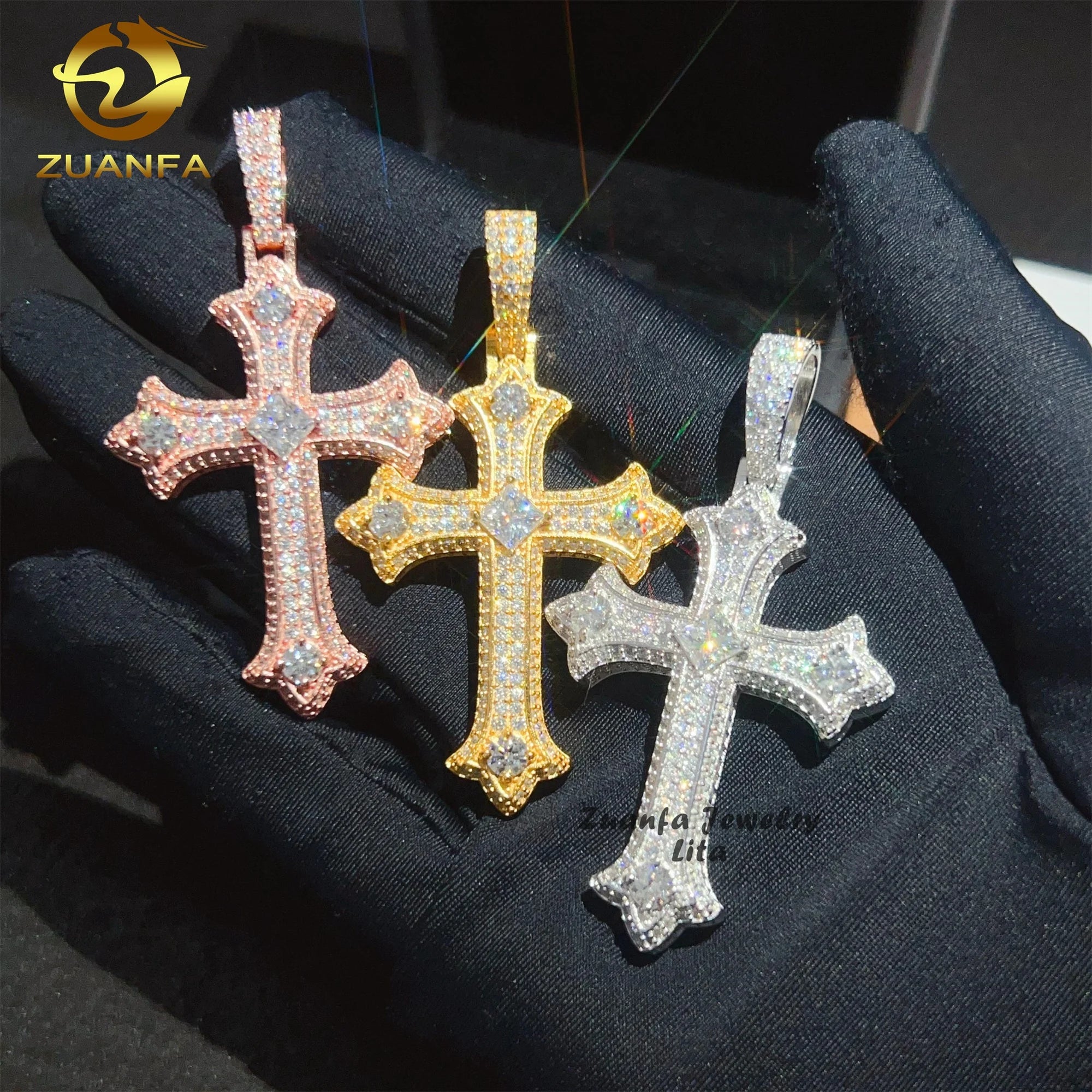 Hip Hop Bling Iced Out Jewelry Popular Special 925 Sterling Silver Gold Plated Cross VVS Moissanite Pendant