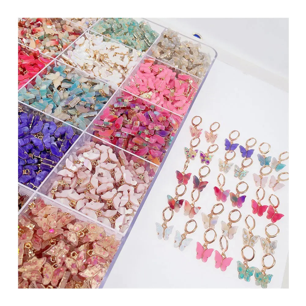 Assorted 100Pcs/Lot 14*14MM Cute Butterfly Charms Pendants Colorful Acrylic Butterfly Dangles for Jewelry Making DIY