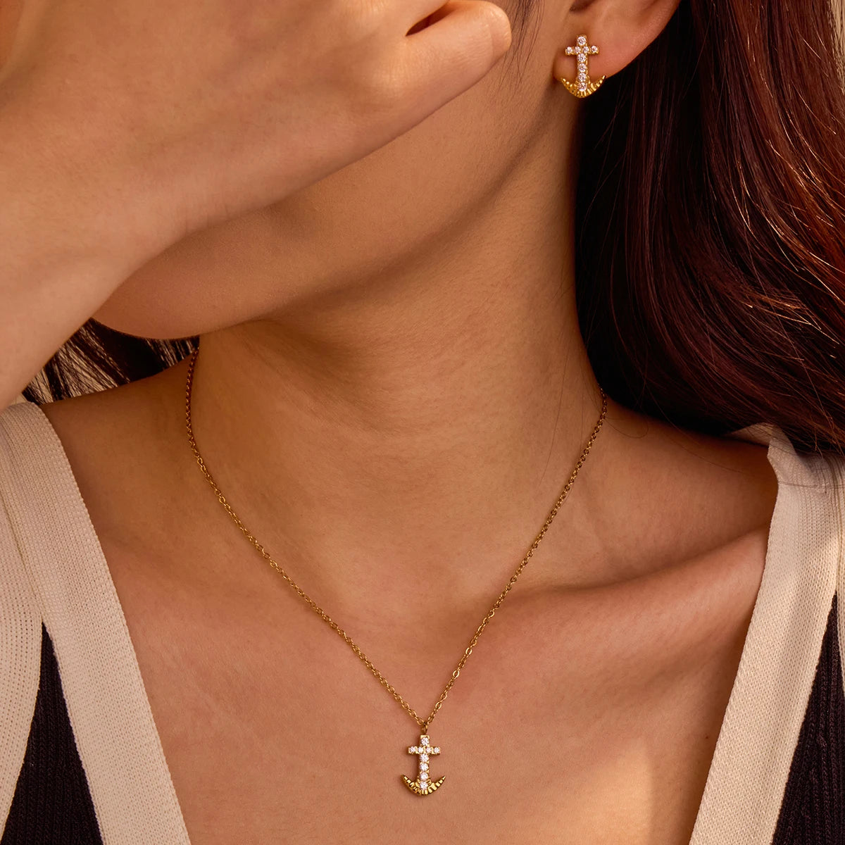 Fashion Earring Trendy Anchor Cross Stud Earring Women 18k Gold Plated Diamond Necklace Christian Jewelry Set Wholesale
