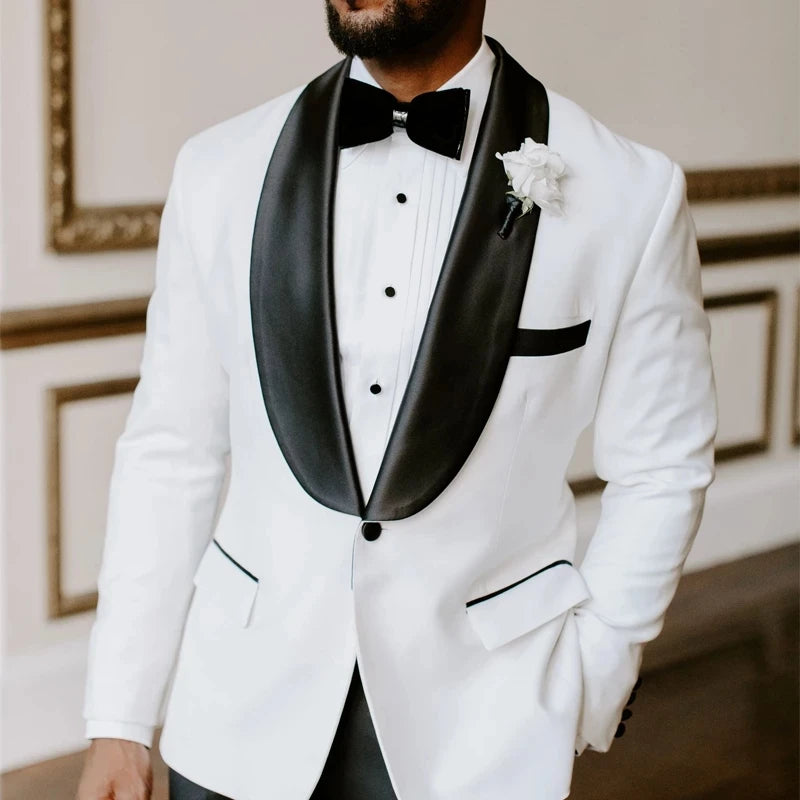 Fashion Wedding White Men Suits 2 Pcs Black Lapel Costume Homme Prom Suits Coat for Groom Blazer Wedding (Jacket+Pants)