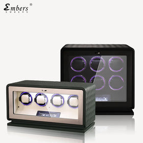 Embers 2024 V-Series Luxury Popular Leather MDF+Metal Watch Winder 4 Slots Black Green Orange LED Light Touch Screen Control