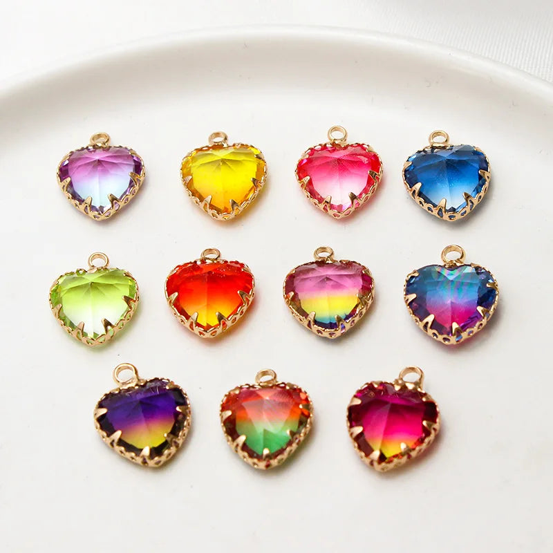 Shiny Brass Gold Plated Bezel Glass Crystal Gradient Heart Pendant Wholesale for Jewelry Making Supplies