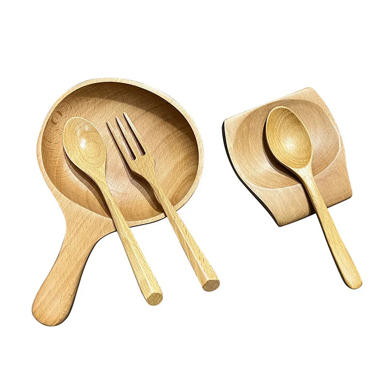 Mutoulao Beech Wood Salad Mixing Bowl and Spoon Rest Set with Rhombic Handle Design Japandi Style Eco-Friendly