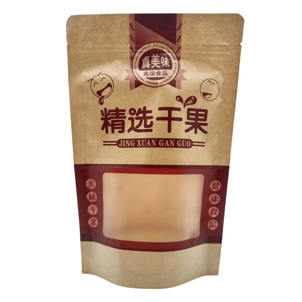 Custom Biodegradable Brown Kraft Paper Pouch Ziplock Stand Bag Window Dry Fruit Baby Food Potato Chips Made Recycled Materials