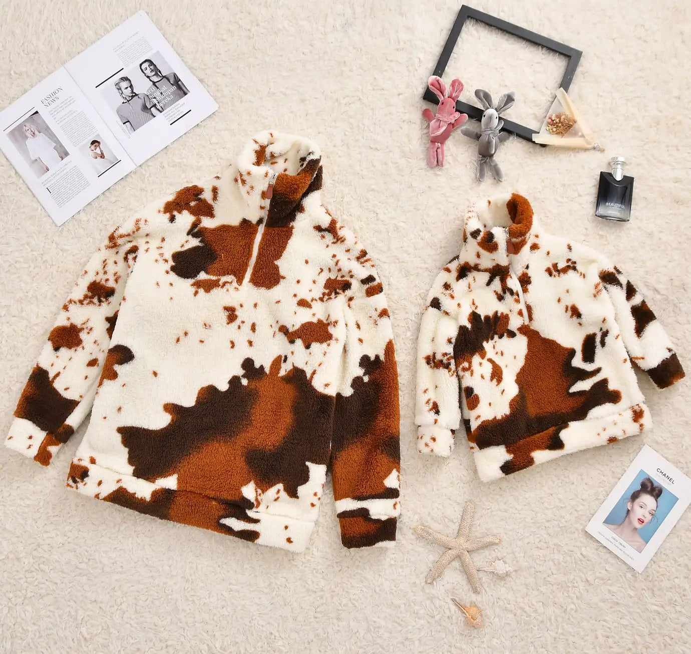 Women and Kids Long Sleeve Fuzzy Fleece Sweatshirt Winter Half Zipper Cow Leopard Print Mom and Me Hoodies Sherpa Pullover