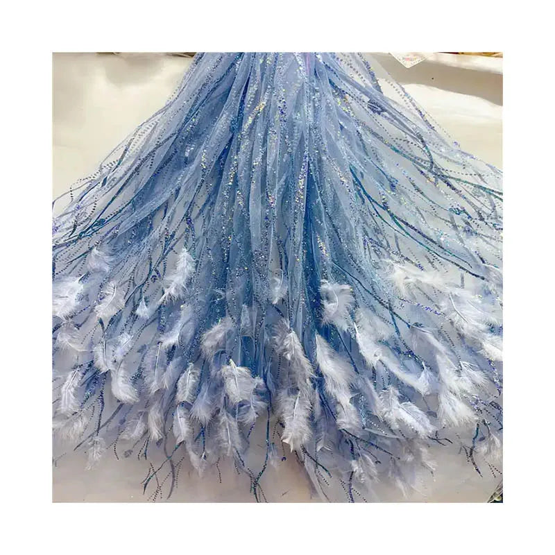 High Quality Handmade Glitter Wedding Dress Feather Sparking Silver Power Feather Sequin Lace Fabric