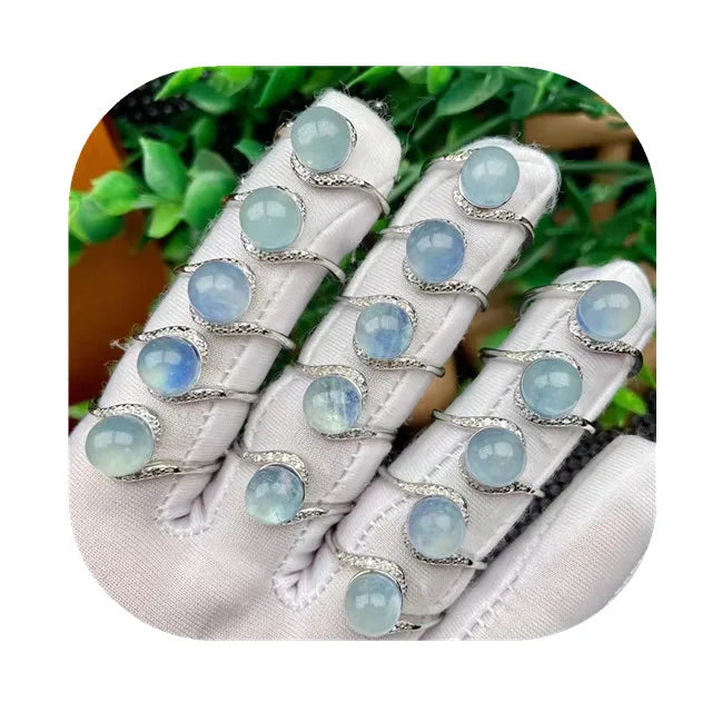 New Arrivals Fashion Jewelry Crystals Healing Gemstone Oval Shaped Natur Sky Blue Aquamarine Crystal Rings for Gift